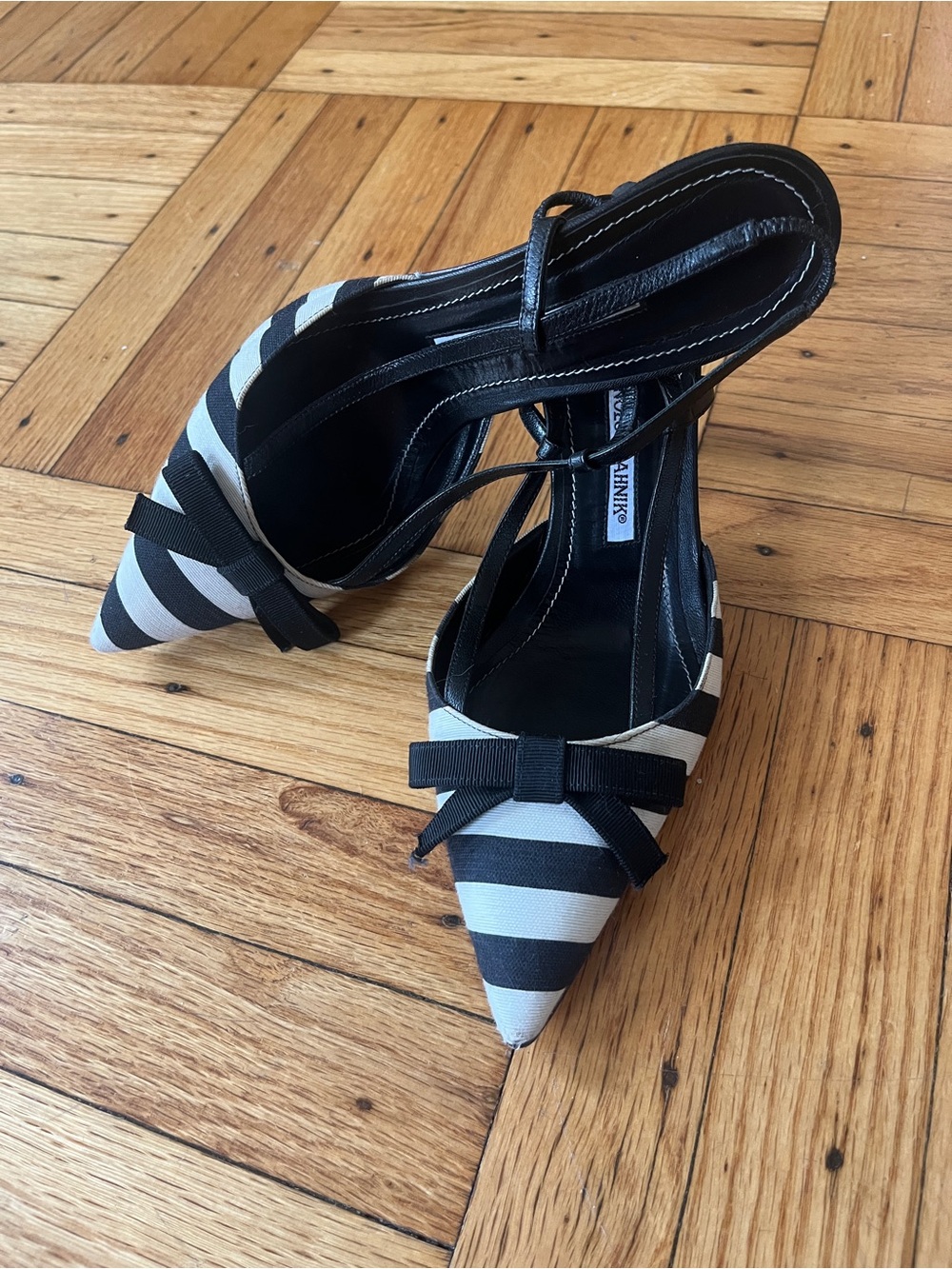 Manolo Blahnik Black and White Striped Pointed-Toe Heels with Bow